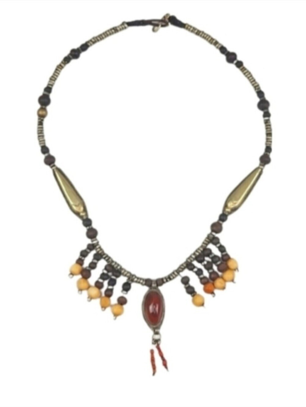 Antique Amber Stone Vintage Heirloom Brass and Wood Bead Statement Neckl…